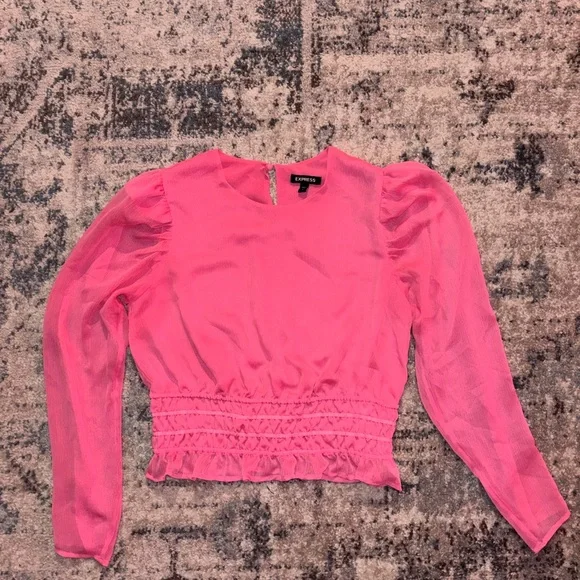 Express Vibrant Pink Sheer Cropped Blouse - Picture 1 of 3